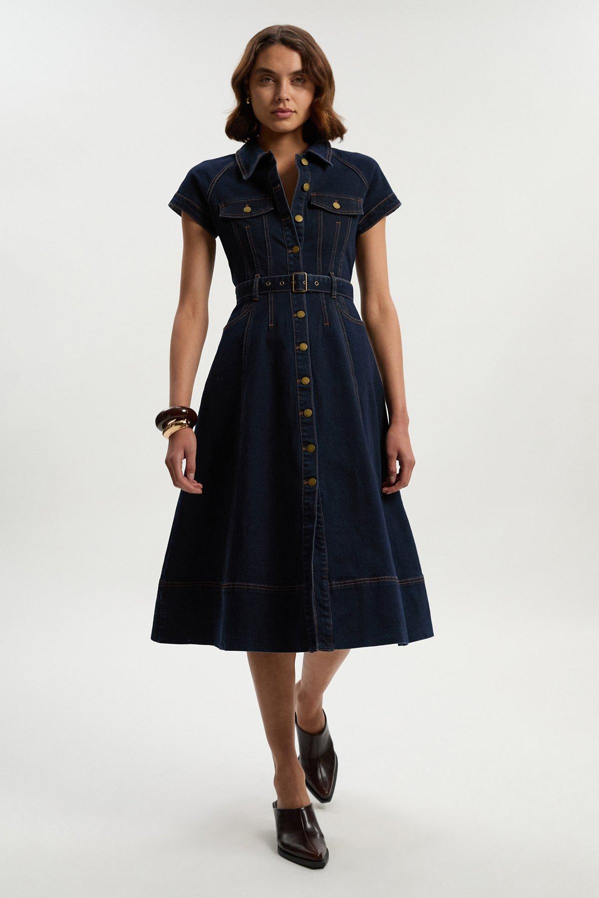 Denim Western Belted Midi Shirt Dress | Karen Millen